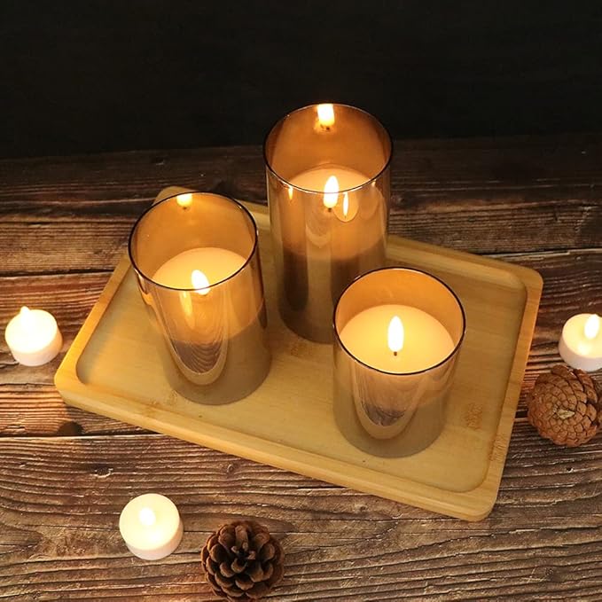 GenSwin Glass Flameless Candles with Remote Battery Operated Flickering LED Pillar Candles Real Wax 3D Wick for Wedding Festival Home Decoration(Gray,Pack of 3)