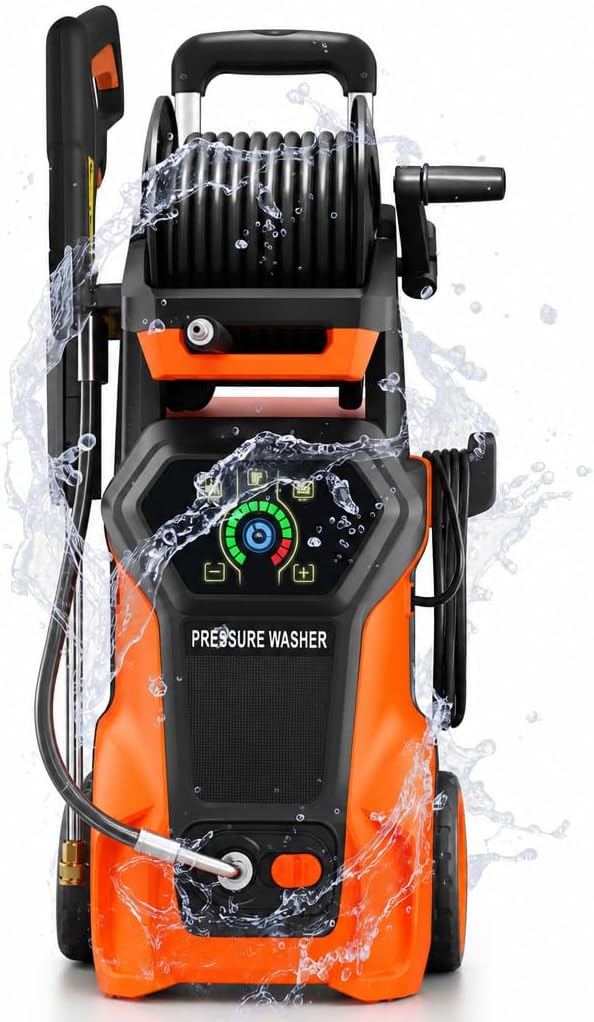 𝟓𝟎𝟎𝟎𝐏𝐒𝐈 𝐏𝐫𝐞𝐬𝐬𝐮𝐫𝐞 𝐖𝐚𝐬𝐡𝐞𝐫 Cleaner, Portable Car Washer with 4 Quick Connect Nozzles, Foam Cannon (Orange)