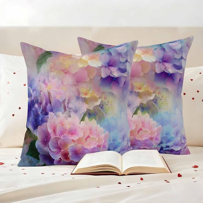 Pink Purple Floral Outdoor Pillow Cover 16x16 Inch Cushion Sham Case, Spring Hydrangea Flower Vintage Botanical Waterproof Decorative Square Throw Pillowcase for Outside Garden Patio Porch Couch Chair