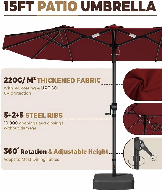 GDPFN 15FT Large Patio Umbrella with Base Included, Outdoor Deck Standing Umbrella with Crank Handle, Double-Side Rectangular Pool Umbrella for Outside, Market, Patio, Burgundy
