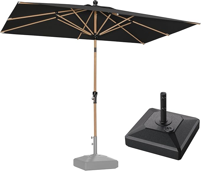 PURPLE LEAF 6' x 9' Patio Umbrella with Base Market Umbrella Rectangular Outdoor Umbrella with Push Button Tilt & Crank and 8 Ribs Aluminum Table Umbrella for Pool Backyard Beach, Black