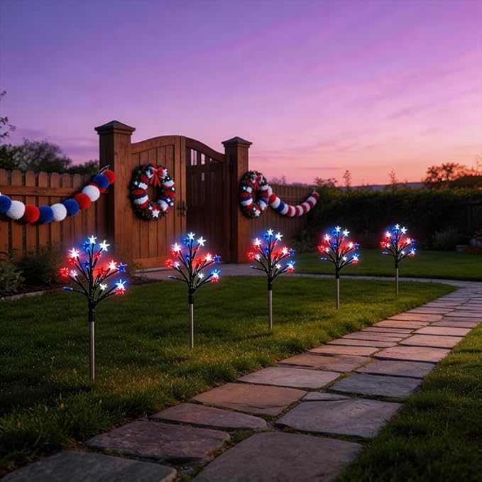 4th of July Decorations Outdoor, 5 Pack Solar Star Lights Red White Blue, 29.5IN 22.3FT 75 LED Patriotic Pathway Lights, 8 Modes Auto On/Off IP65 Waterproof Yard