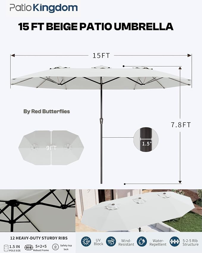 7-Piece Grey Outdoor Dining Set with White 15FT Large Patio Umbrella, 75.2'' HDPE Table & Chairs for 6, Weather-Resistant Furniture with Umbrella Hole for Patio, Lawn, Poolside