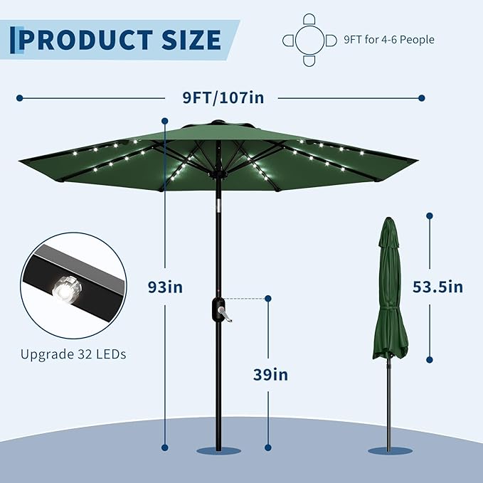 9FT Outdoor Patio Umbrella, 8 Ribs Market Table Umbrella with Solar Light & Tilt & Crank, UV-Resistant Waterproof for Pool, Deck, Backyard, Dark Green