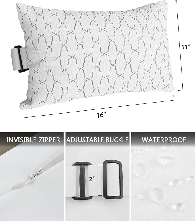 Outdoor Pillows Covers with Inserts Modern Geometric Lattice Waterproof Recliner Pillow with Adjustable Strap Throw Pillows for Patio Furniture Pool Lounge Chair, 11x16 inch, 1PCS