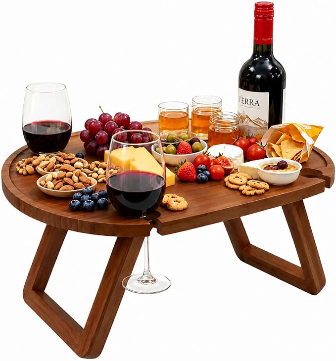 Portable Wine Picnic Table with 4 Glass Holders, Foldable Bamboo Outdoor Snack Table with Cheese Knife Set & Storage Bag, Low Picnic Tray for Camping, Grass, Beach, Romantic Date (Brown)