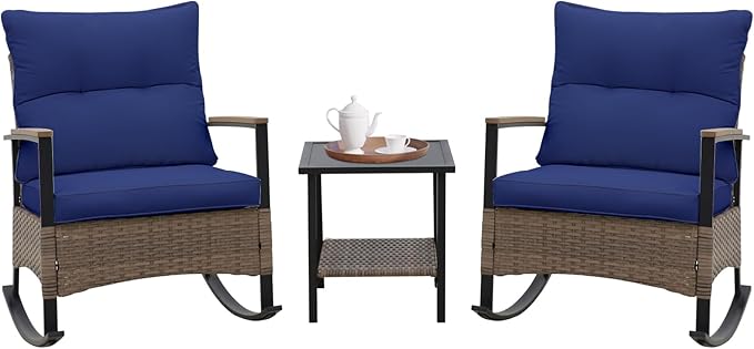 COOS BAY Sunset Haven 3 Piece Outdoor Patio Furniture Set, Rocking Chairs with Side Table, Wicker Patio Bistro Set, Brown/Blue