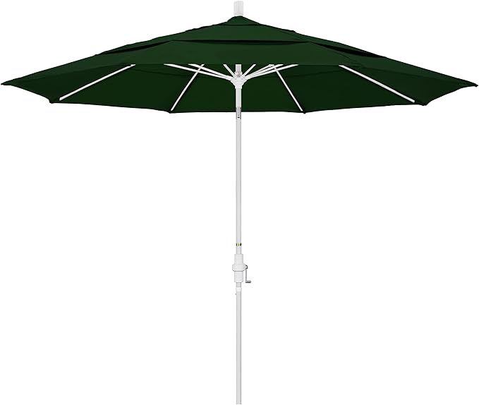 California Umbrella 11' Round Fiberglass Rib Market Umbrella, Crank Lift, Collar Tilt, Hunter Green, White Pole (GSCUF118170-SA46-DWV)
