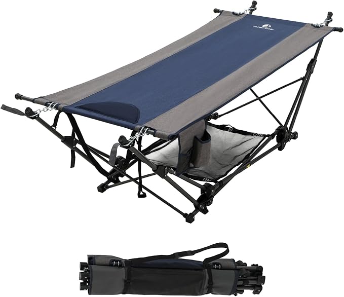 ALPHA CAMP Portable Hammock Bed with Stand, Foldable Lounge Camping Bed for Patio, Backyard, Garden, Poolside, Beach, Lawn, Porch Include Pillow, Storage Net, Side Pocket with Cup Holder