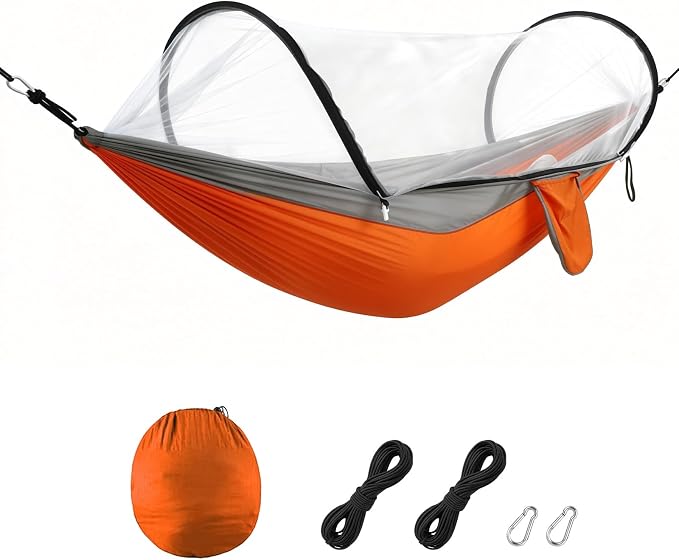 Camping Hammock with Mosquito Net, 3 in 1 Portable Hammock Tent 440lbs Capacity Attached Storage Pocket Single Nylon Hammock Set for Outdoor Travel Camping Hiking Backpacking (Orange Grey)