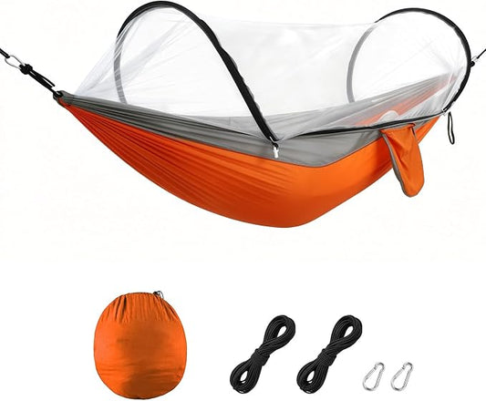 Camping Hammock with Mosquito Net, 3 in 1 Portable Hammock Tent 440lbs Capacity Attached Storage Pocket Single Nylon Hammock Set for Outdoor Travel Camping Hiking Backpacking (Orange Grey)