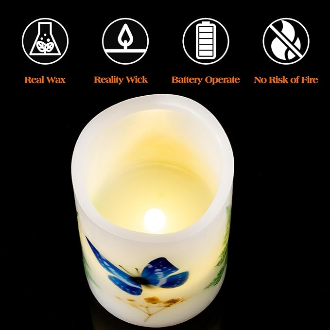 Candles Set of 3 Flameless 4" 5" 6" Unscented Tealight Butterfly Flower Plants Decor Real Wax Pillar Candle LED Lights 12 Color Changing 4H 8H Timer Remote Control AAA Batteries Operated