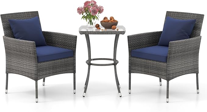 Tangkula 3-Piece Patio Furniture Set, PE Wicker Conversation Bistro Set w/A Tempered Glass Table & 2 Cushioned Chairs, Outdoor Table & Chairs Set for Patio Porch Yard Garden (Mix Gray+Navy)