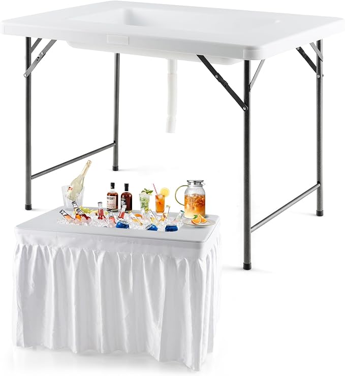 S AFSTAR 4 Foot Folding Ice Table, Buffet Salad Serving Table with Removable Skirt, Drain System & 8" Spacious Edge, Portable Beverage Cooler for Party Camping Picnic Wedding