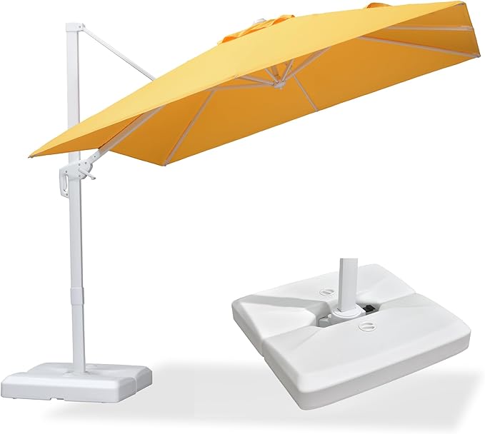 PURPLE LEAF 9 FT Patio Umbrella With Base White Cantilever Umbrella Square Outdoor Offset Umbrella Windproof with 360° Rotation for Garden Deck Pool, Yellow