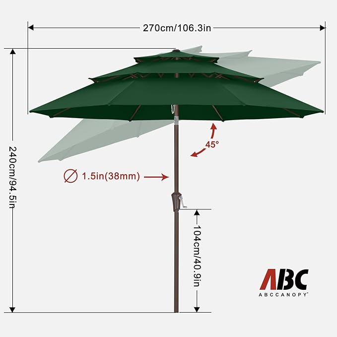 ABCCANOPY 9Ft 3 Tiers Market Umbrella, Outdoor Table Umbrella for Patio, Deck, Backyard (Forest Green)
