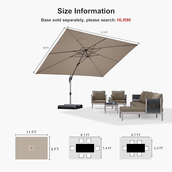 PURPLE LEAF 9' X 11' Patio Umbrella, Rectangle Outdoor Cantilever Umbrella, Aluminum Offset Umbrella with Champagne Frame and 360° Rotation for Pool Deck Garden, Taupe