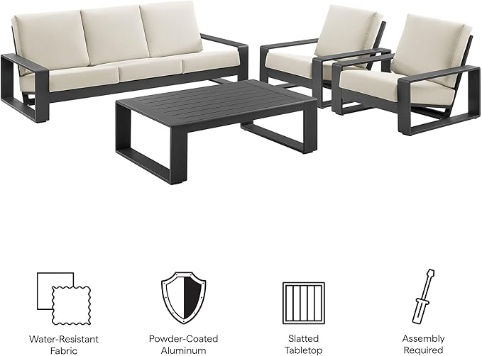 Modway Lirienne Aluminum 4-Piece Outdoor Furniture Set in Cream – Patio Conversation Set with 3-Seater Sofa, 2 Armchairs & Coffee Table