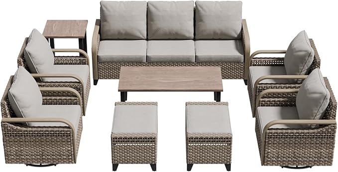 COOS BAY Modern Wicker Outdoor Furniture Set, 9 Piece Patio Conversation Set with 4 Swivel Rockers, a 3 Seat Couch, 2 Ottomans, Coffee Table & Side Table, 9 Piece, Brown/Gray