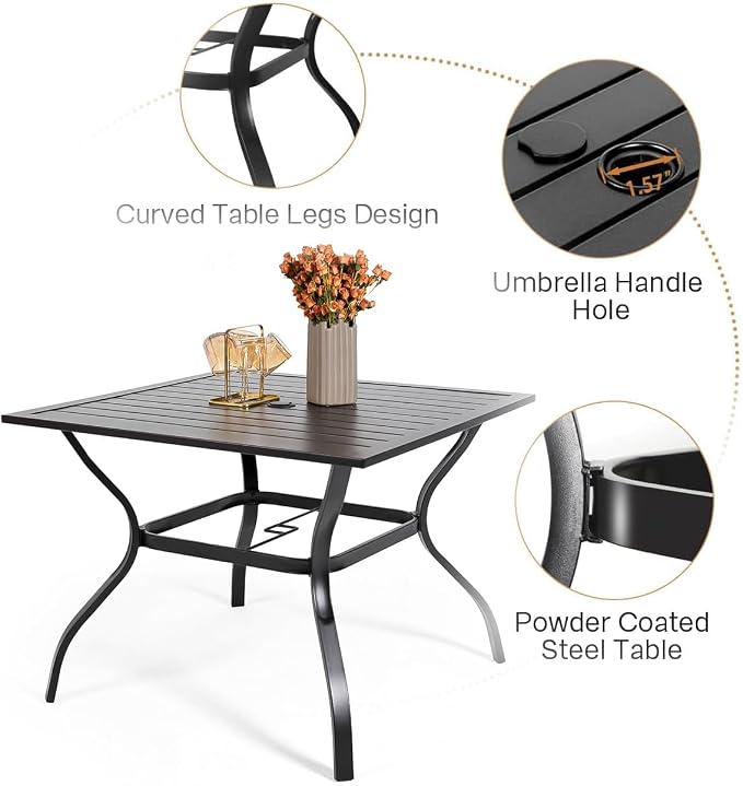 Anmutig Outdoor Dining Set for 4, 35" Square Table & Aluminum Frame Chairs | Stackable Chairs, Resin Slat Seating, Powder-Coated Steel Table, Umbrella Hole, Easy Assembly, Patio, Garden, Backyard