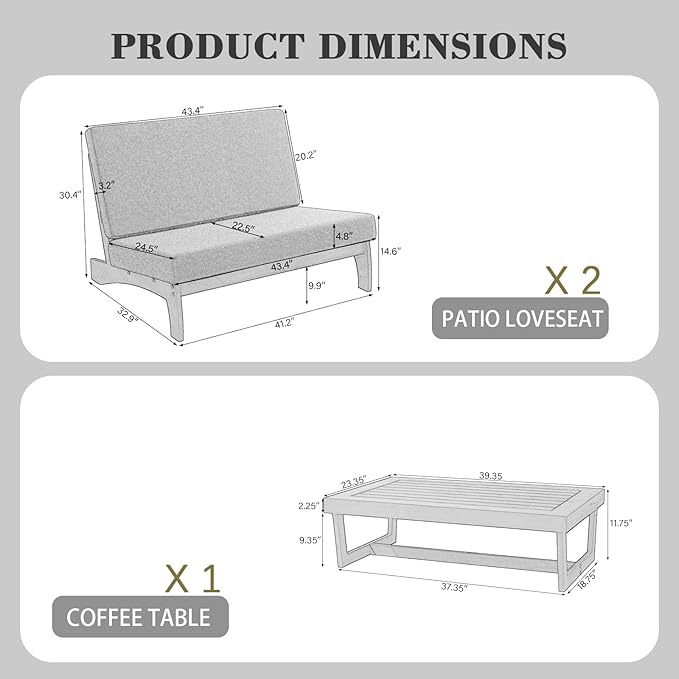 UIXE Black Wood Patio Furniture Sets, 3 Pieces All Weather Patio Loveseat Sofa Outdoor Sectional Futniture Backyard Conversation Set with Solid Wooden Coffee Table - Light Camel