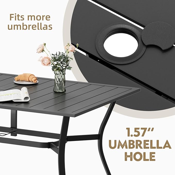 MELLCOM 7 Pieces Outdoor Dining Set, 6 Swivel Rocker Chairs with High Back Textilene & Rectangular Metal Dining Table with Umbrella Hole, Patio Furniture Set for Porch, Grey