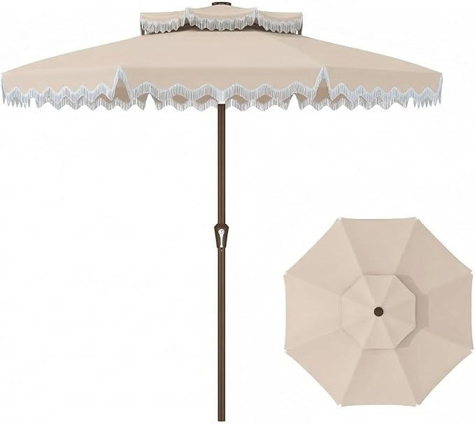 Patiokingdom 9FT Patio Umbrella with Fringe,Tassel Umbrella UPF 50+ & Push-Button Tilt,Rust-Resistant Fiberglass Frame for Pool,Garden,Backyard,Yard (Beige)
