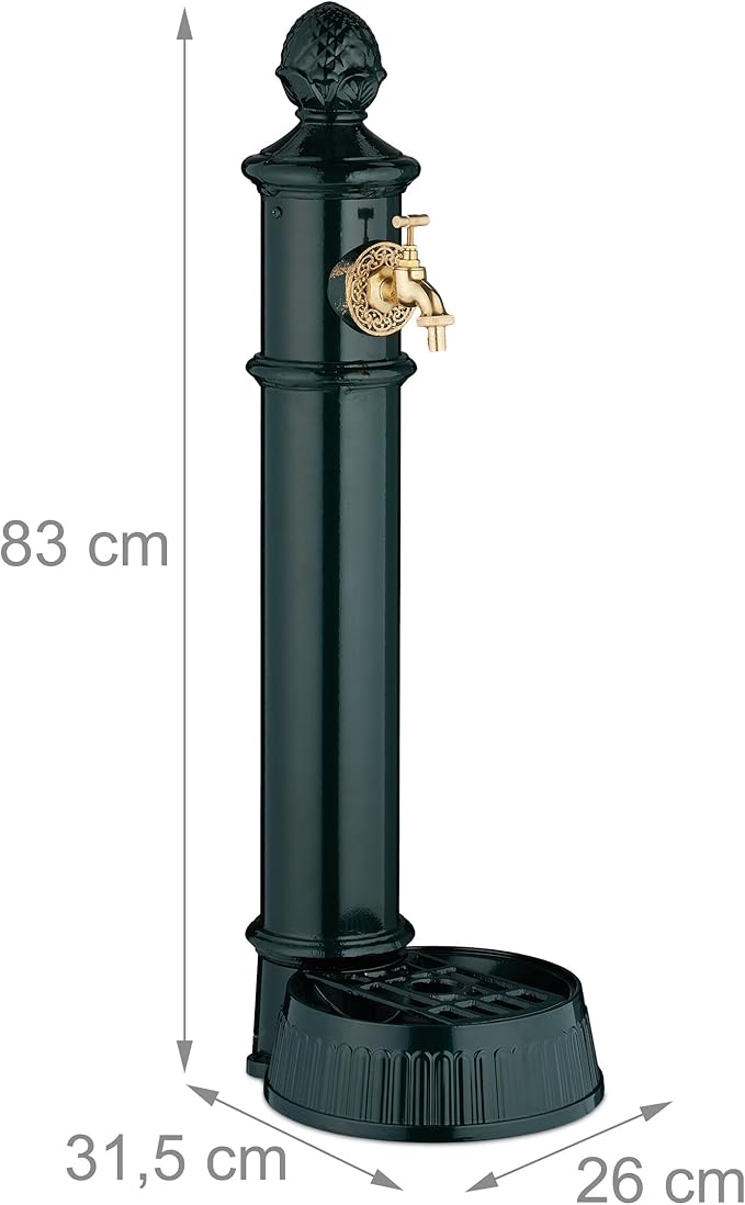 Relaxdays Antique Standing Fountain with Tap and Basin, H x W x D: 83 x 26 x 31.5 cm, Water Pump Column Garden, Patio, Green