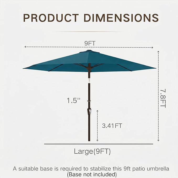Kingdura 9FT Outdoor Patio Umbrella, Market Table Umbrella with Push Button Tilt and Crank, 8 Sturdy Fiberglass Ribs, UV Protection for Pool, Lawn, Deck, Backyard, Garden (Lake blue)
