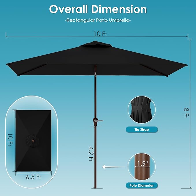 GREENVINES 6.5X10 FT Rectangular-Patio-Umbrella | Outdoor-Table-Umbrellas | 6 Sturdy Steel Ribs | Push Button Tilt & Crank | Waterproof | Market Umbrella | for Pool Backyard Garden Deck | Black