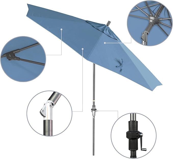 California Umbrella 9' Rd. Crank Lift, Collar Tilt, Aluminum Pole, Fiberglass Rib Patio Umbrella, Hammertone Grey Finish