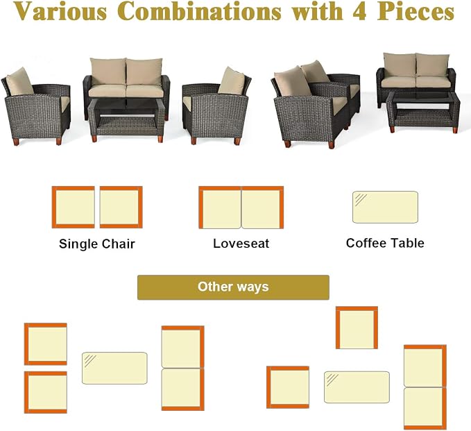 Tangkula 4 Piece Patio Rattan Furniture Set, Outdoor Wicker Conversation Set with Seat & Back Cushion,and Tempered Glass Coffee Table with Shelf, for Porch, Poolside, Backyard, Garden