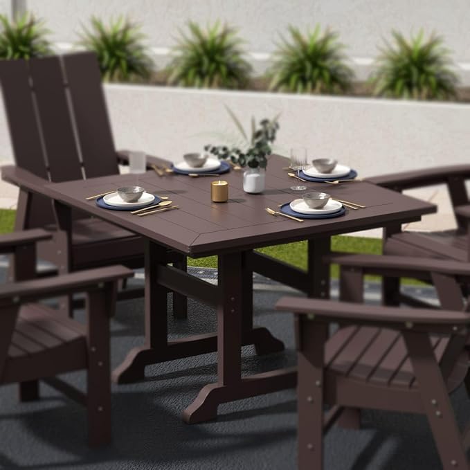 WestinTrends Malibu Outdoor Dining Table, All Weather Poly Lumber Adirondack 43" Trestle Square Patio Table with Umbrella Hole, Dark Brown