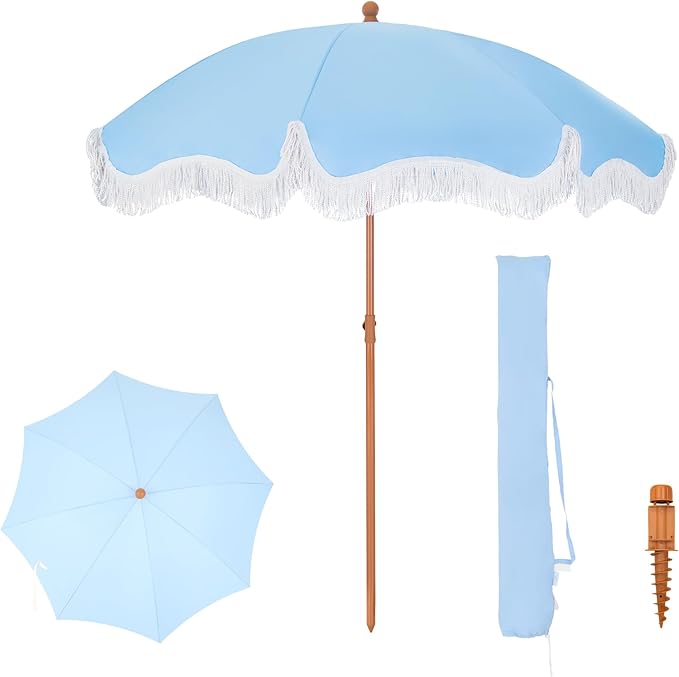 PHI VILLA 7ft Fringe Beach Umbrella with Sand Anchor, Outdoor Patio Portable Beach Umbrella for Sand with Tassels, Push Button Tilt & Carrying Bag, UPF 50+, Light Blue