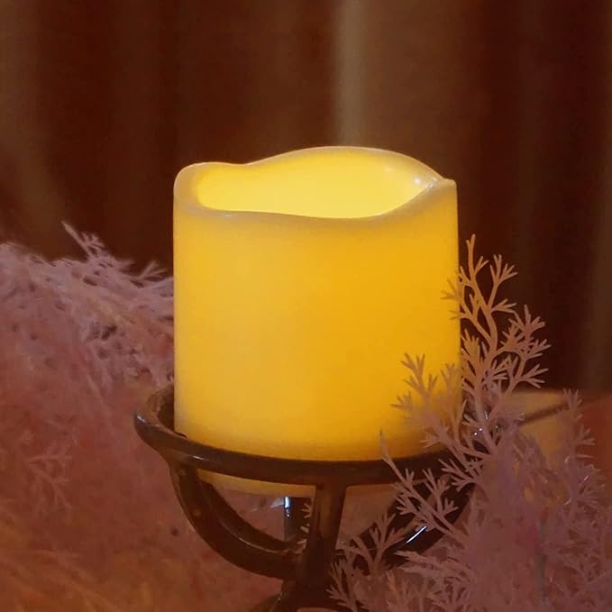 Outdoor Indoor Flameless Pillar Candles, 2 Pack Plastic Resin Battery Operated Electric LED Candle Sets with Cycling 24 Hours Timer Function for Home Party Wedding Decoration, 3"x3"