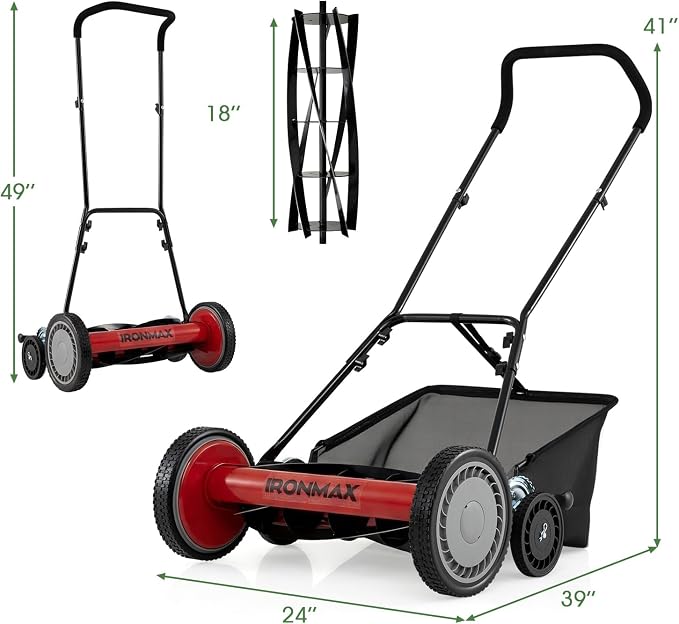 IRONMAX 18 Inch 5-Blade Push Reel Lawn Mower, 9-Level Adjustable Cutting Heights, Removable Grass Catcher, Lightweight No Motor Walk-Behind Manual Grass Cutter for Garden Yard Park (Red, 18 Inch)