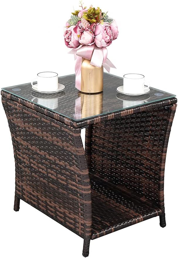 Wicker Rattan Side Table, Outdoor Square Rattan Coffee Table End Table Patio Wicker Table with Tempered Glass Top and Storage for Garden Porch Deck Backyard (Brown)