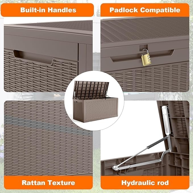 PatioZen 120 Gallon Outdoor Deck Box,Waterproof Resin Outdoor Storage Boxes, Outside Storage Lockable Container for Garden Tools,Indooor Cushions,Accessories (Grey)