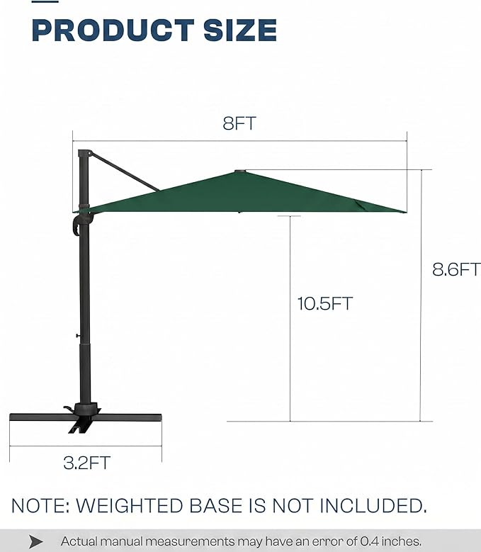 8x8 FT Square Cantilever Umbrella,Easy Tilt, Fade Resistant & 360° Rotation, Offset for Pool Deck Backyard Patiodark green (Base not Included)