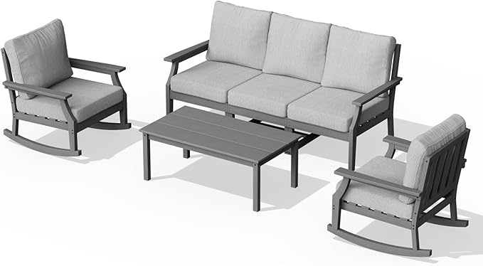 HDPE Patio Conversation Set, 6-Piece All Weather Outdoor Furniture Set with 2 Single Rocking Armchairs for Deck, Lawn, with Cushion, Gray