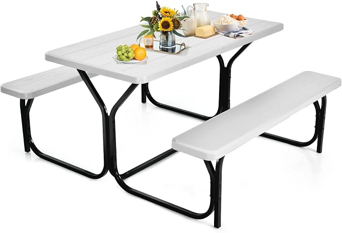 ORALNER Picnic Table, Resin Dining Table & 2 Benches Set, Weather Resistant Wood Grain Plastic Tabletop & Steel Frame, Picnic Tables for Outdoors, Porch Yard Patio Lawn Party Camping (White)