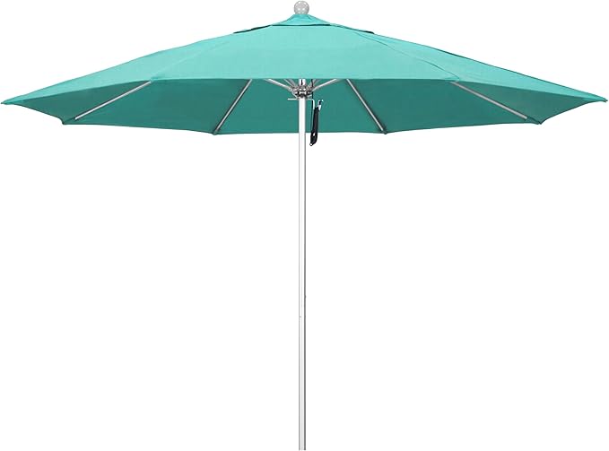 California Umbrella 11Ft Commercial Grade Sunbrella Fabric Market Umbrella, Pulley Lift, Aluminum/Fiberglass, 2mm pole wall, Silver Frame, Aruba Fabric