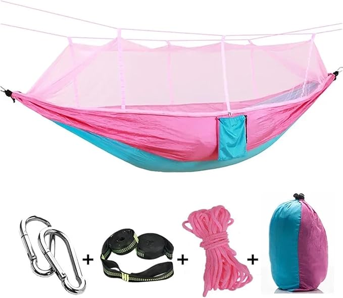 Hammock Camping Hammock with Net, Lightweight Portable Double Parachute Hammocks, High Capacity & Tear Resistance for Backyard,Hiking Camping Essentials (Color : Pink-6loops)