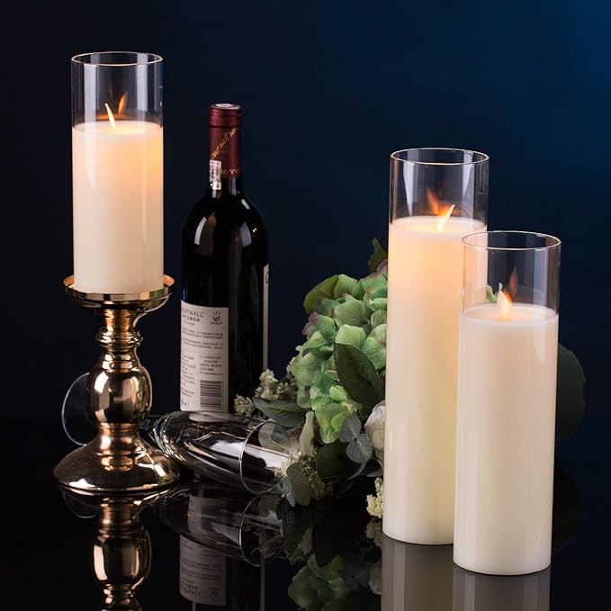 AKU TONPA Pack of 3 Flameless Candles Battery Operated Real Wax Glass Flickering LED Candle Sets with Remote Control Cycling 24 Hours Timer (3" x 8" 10" 12")