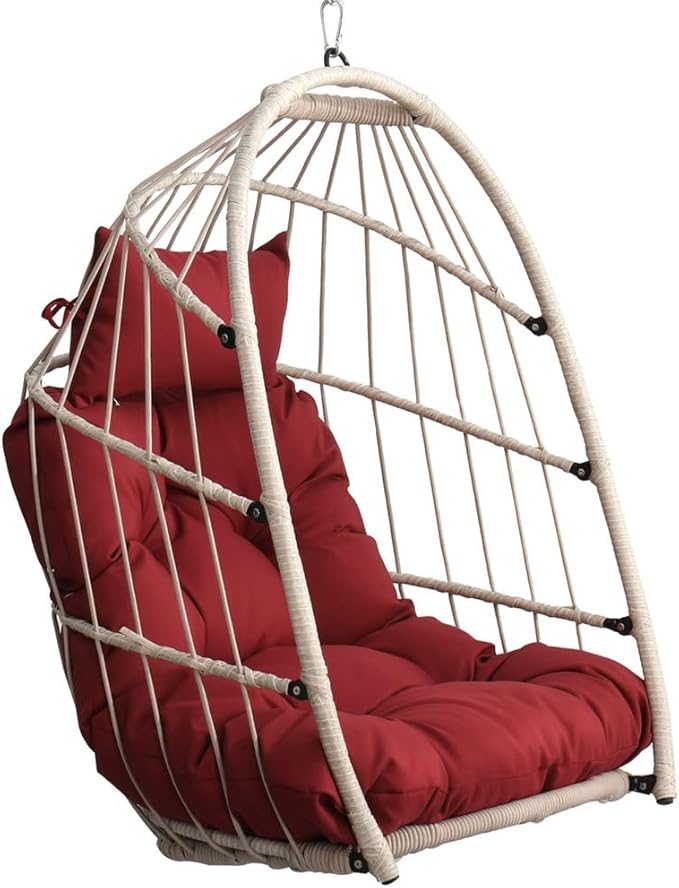 Hanging Egg Chair Without Stand – Foldable Rattan Wicker Swing Chair with Cushion & Headrest, 350lbs Capacity, Ceiling/Tree Mount Kit Included for Indoor Outdoor Use,Red