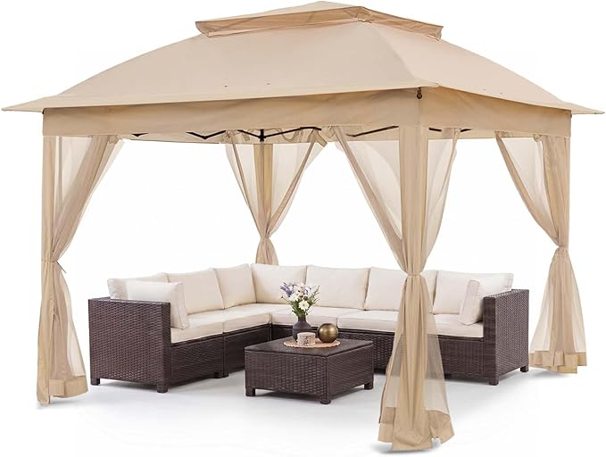 COOS BAY 11x11 Pop Up Gazebo with Mesh Netting, Instant Outdoor Canopy Tent, Water Resistant Shelter with UPF 50+ UV Protection, 121 Sq Ft Coverage, Khaki
