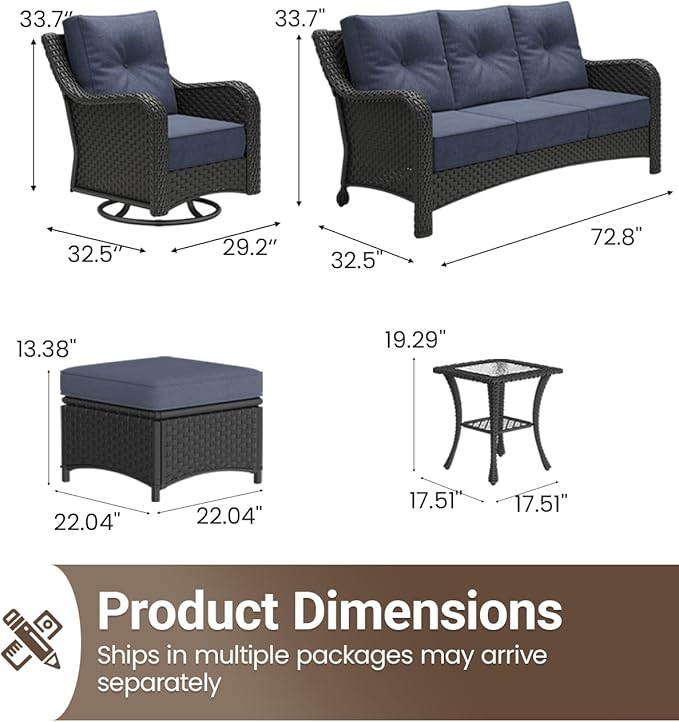 6 Pieces Outdoor Furniture Set with 6-inch Cushions, High Back Wicker Swivel Rocker Chairs with Coffee Table, Luxury Conversation Set for Deck Patio and Poolside