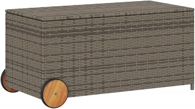 50.2 Gal Outdoor Storage Box with Wheels, Patio Rattan Deck Box, Wicker Garden Storage Bin Deck Box, Poly Rattan Patio Storage Chest with Hinged Lid, 42.1"x21.7"x19.7"/20.9" Gray