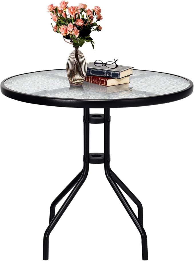 S AFSTAR Outdoor Bistro Table, Tempered Glass Patio Table with Convenient Umbrella Hole, Outside Dining Table, Round Patio Bistro Table for Deck Balcony Lawn Pool Backyard, 28”H x 32” D (Black)