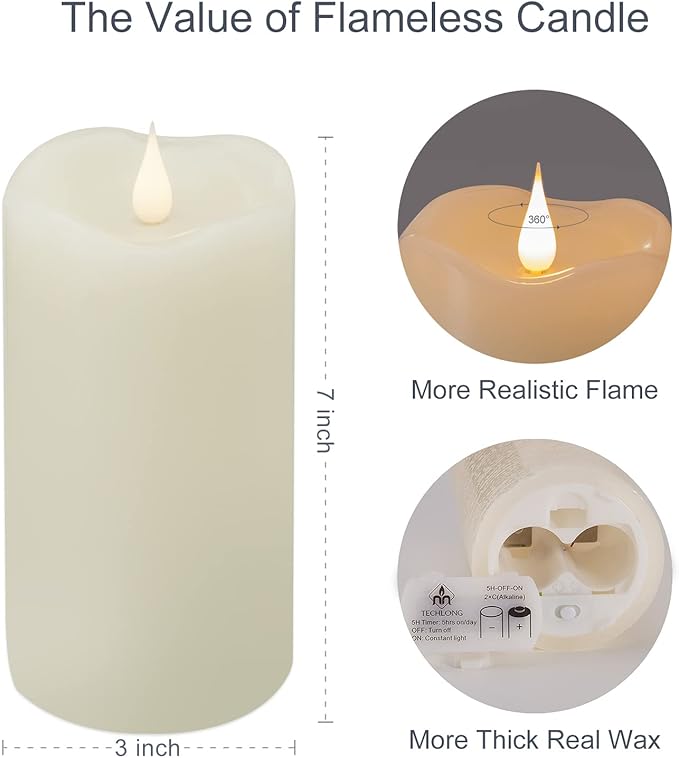 TECHLONG Flickering Flameless Candles with 3D Moving Flame, Last 1000+ Hours Battery Operated Candles with Timer, Ivory Real Wax Pillar Electric LED Candle for Wedding Christmas Party/3" x 7"